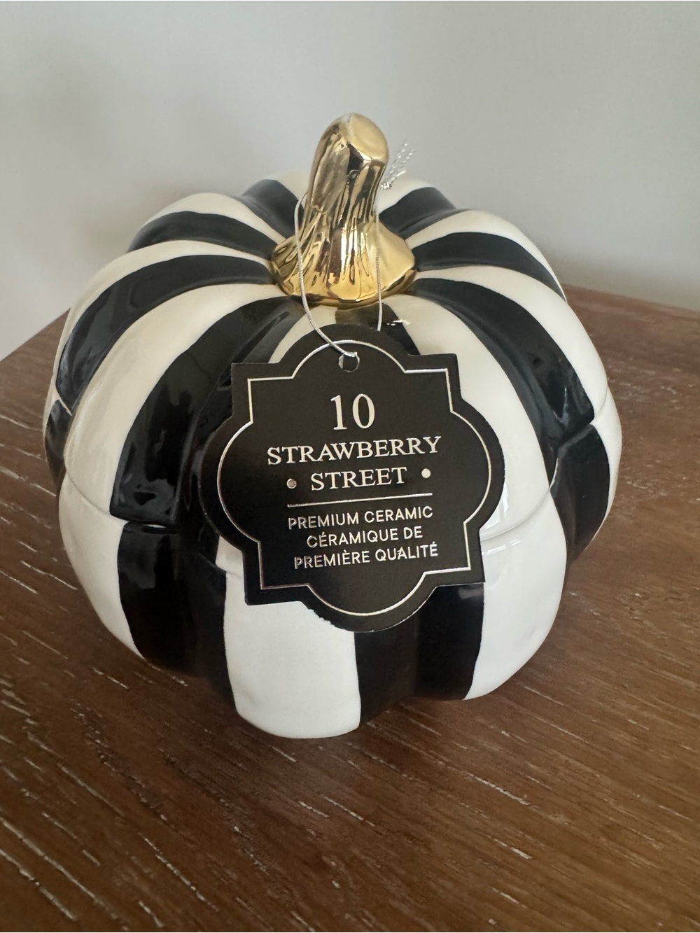 10 Strawberry Street black & white striped ceramic pumpkin canister jar
